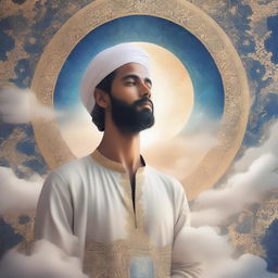 A serene and ethereal depiction of a man in the sky, surrounded by clouds and celestial light, inspired by Islamic art