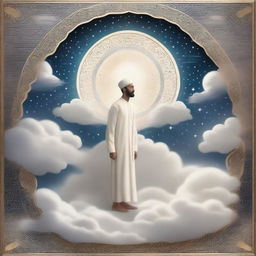 A serene and ethereal depiction of a man in the sky, surrounded by clouds and celestial light, inspired by Islamic art