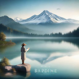 Create a captivating book cover featuring a serene landscape with a majestic mountain in the background and a tranquil lake in the foreground