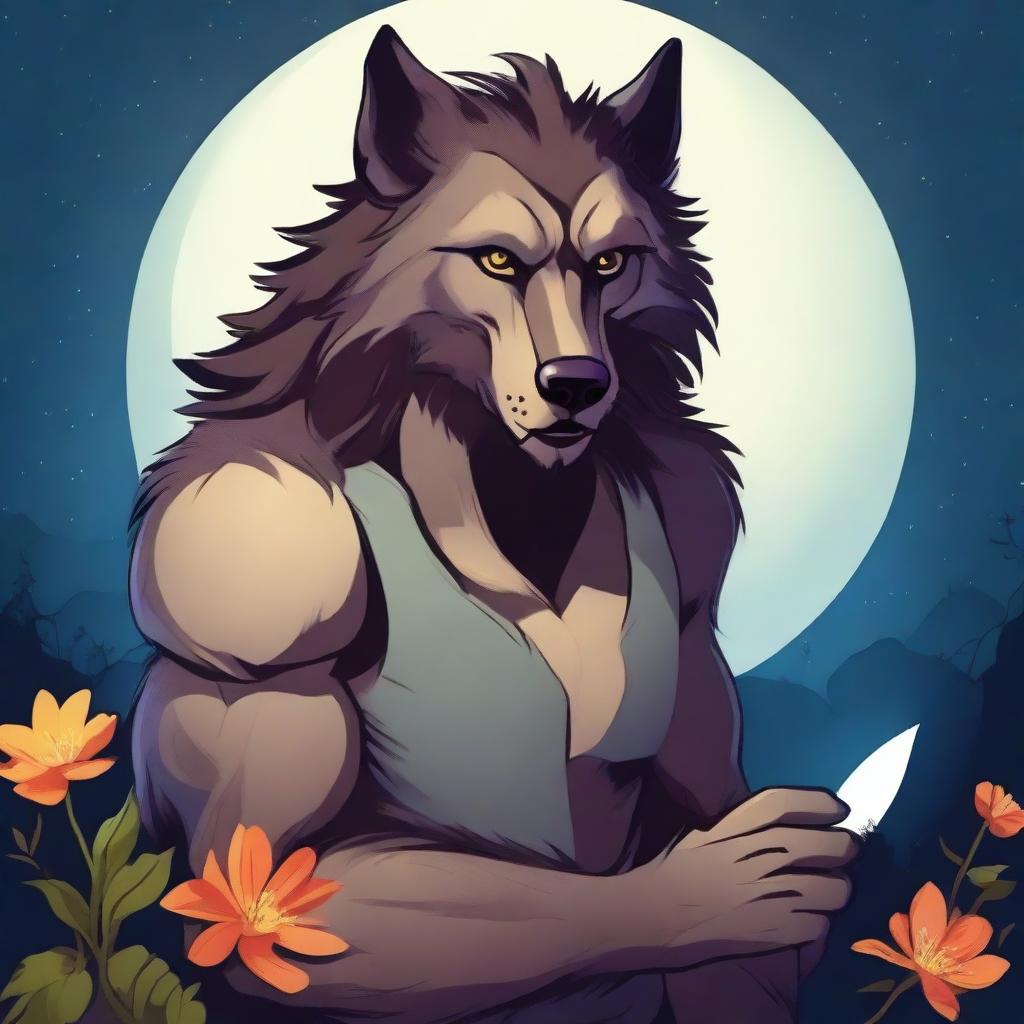 A werewolf holding a flower, depicted in a serene and peaceful setting