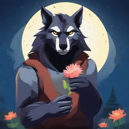 A werewolf holding a flower, depicted in a serene and peaceful setting