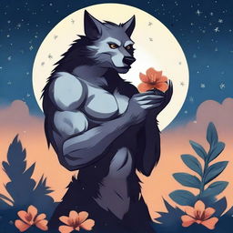 A werewolf holding a flower, depicted in a serene and peaceful setting