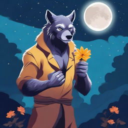 A werewolf holding a flower, depicted in a serene and peaceful setting