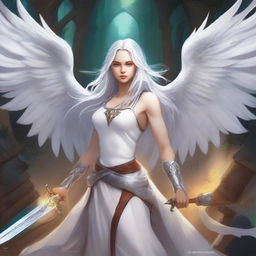 Create a comic book cover featuring an 18-year-old woman with long white hair and white angel wings