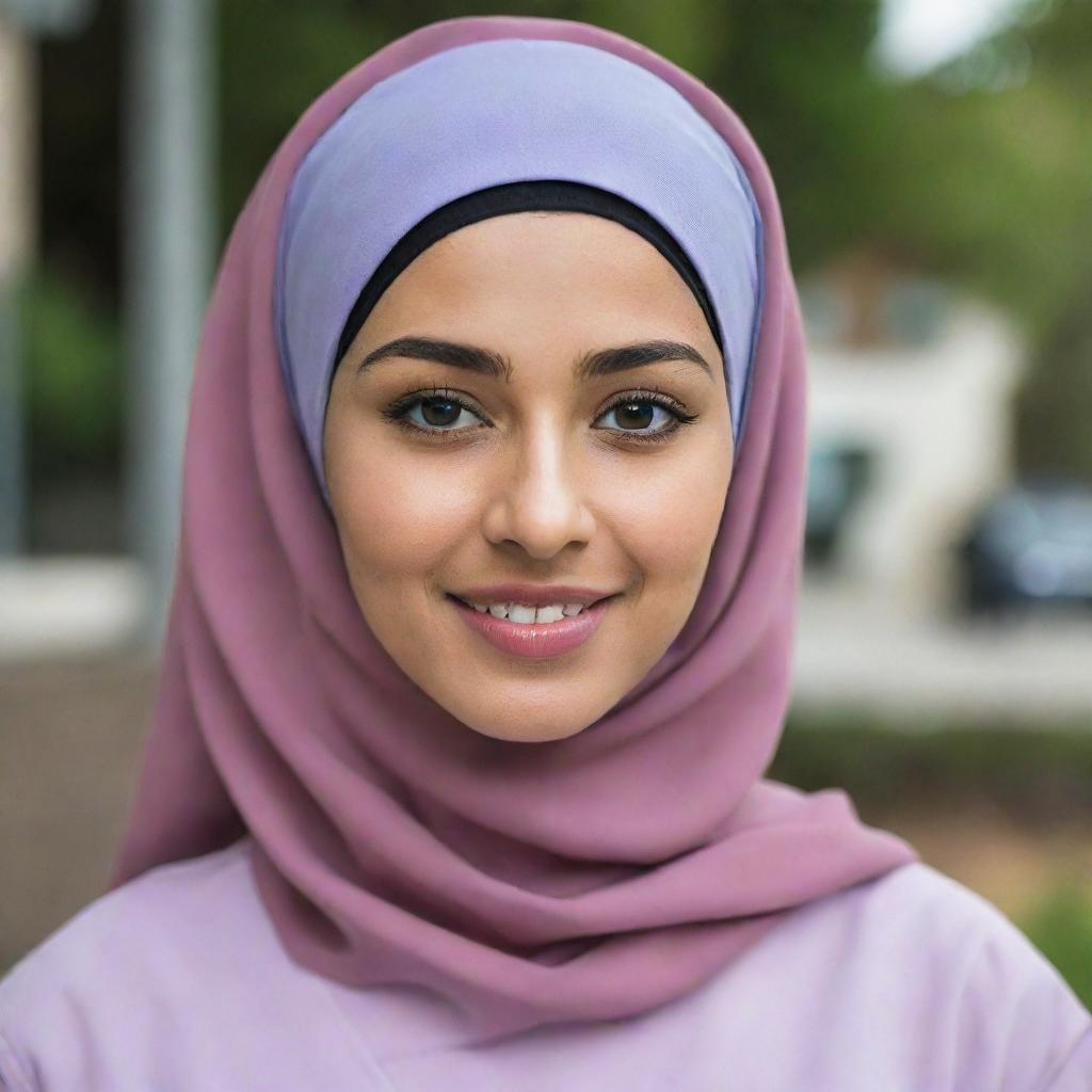 A beautiful young woman with Arabic features, wearing a hijab and dressed in professional nursing scrubs.