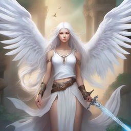 Create a comic book cover featuring an 18-year-old woman with long white hair and white angel wings