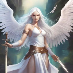 Create a comic book cover featuring an 18-year-old woman with long white hair and white angel wings