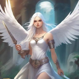 Create a comic book cover featuring an 18-year-old woman with long white hair and white angel wings