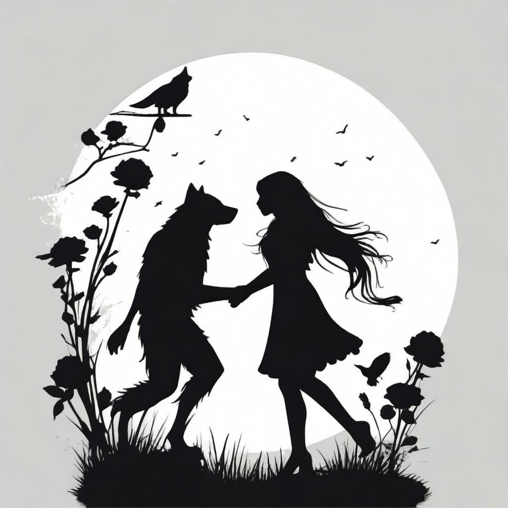 A white background with the silhouette of a werewolf on one side and a girl on the other side, holding a flower