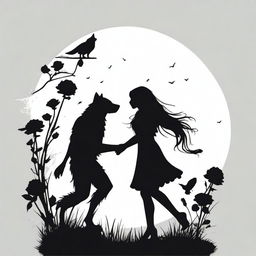 A white background with the silhouette of a werewolf on one side and a girl on the other side, holding a flower