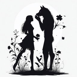 A white background with the silhouette of a werewolf on one side and a girl on the other side, holding a flower