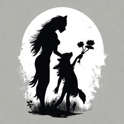 A white background with the silhouette of a werewolf on one side and a girl on the other side, holding a flower