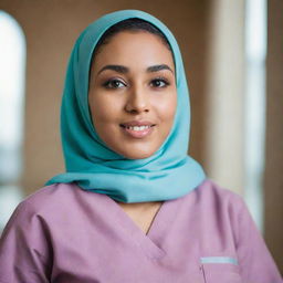 A beautiful young woman with Arabic features, wearing a hijab and dressed in professional nursing scrubs.