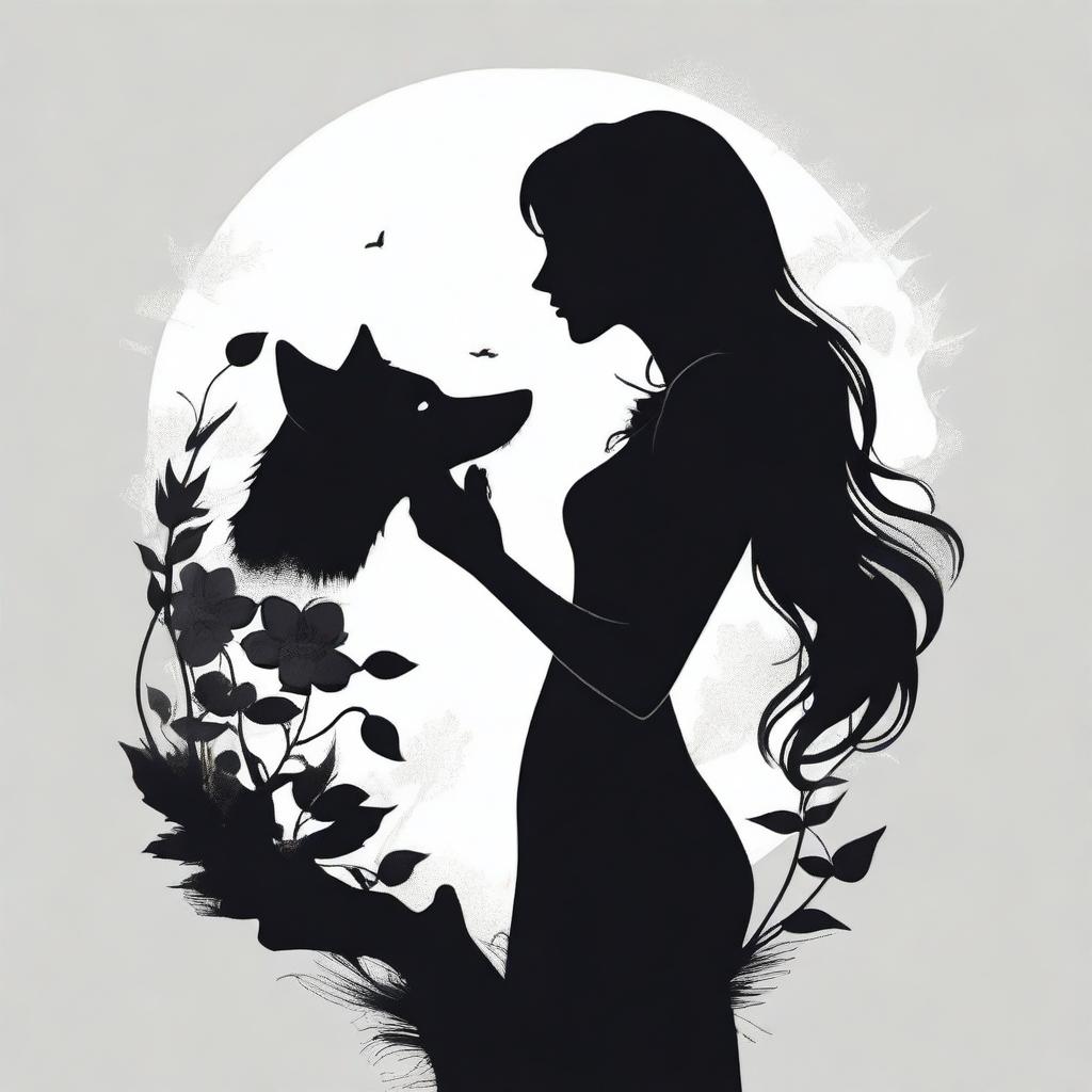 A white background with the silhouette of a werewolf on one side and a girl on the other side, holding a flower