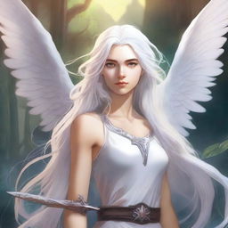 Create a comic book cover featuring an 18-year-old woman with long white hair and white angel wings