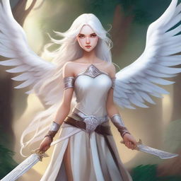 Create a comic book cover featuring an 18-year-old woman with long white hair and white angel wings