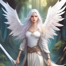 Create a comic book cover featuring an 18-year-old woman with long white hair and white angel wings