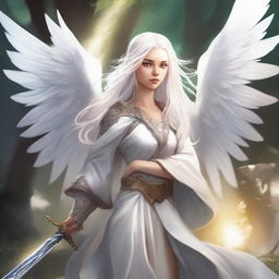 Create a comic book cover featuring an 18-year-old woman with long white hair and white angel wings