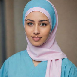 A beautiful young woman with Arabic features, wearing a hijab and dressed in professional nursing scrubs.