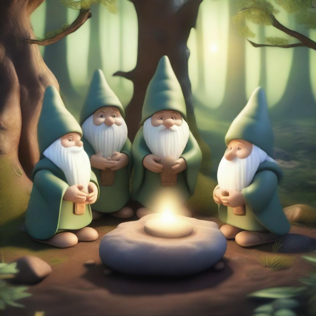 A serene forest scene featuring five gnome druids praying around a large stone