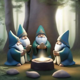 A serene forest scene featuring five gnome druids praying around a large stone