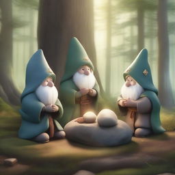 A serene forest scene featuring five gnome druids praying around a large stone