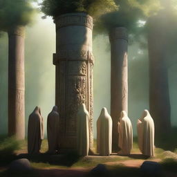 A mystical forest scene featuring five druids praying around a tall stone pillar