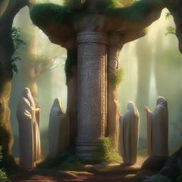 A mystical forest scene featuring five druids praying around a tall stone pillar