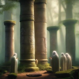 A mystical forest scene featuring five druids praying around a tall stone pillar