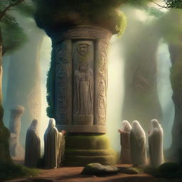 A mystical forest scene featuring five druids praying around a tall stone pillar