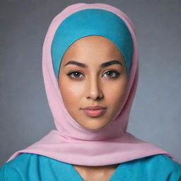 A beautiful young woman with Arabic features, wearing a hijab and dressed in professional nursing scrubs.