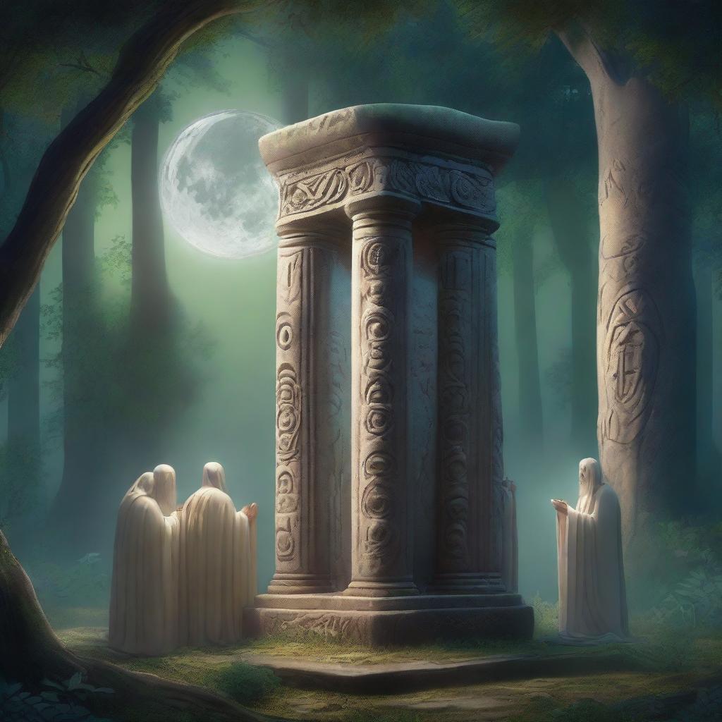 A mystical forest scene featuring five Circle of the Moon druids praying around a tall stone pillar