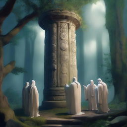 A mystical forest scene featuring five Circle of the Moon druids praying around a tall stone pillar