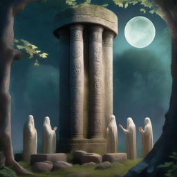 A mystical forest scene featuring five Circle of the Moon druids praying around a tall stone pillar