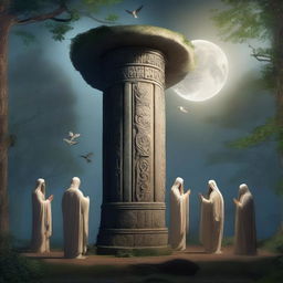 A mystical forest scene featuring five Circle of the Moon druids praying around a tall stone pillar