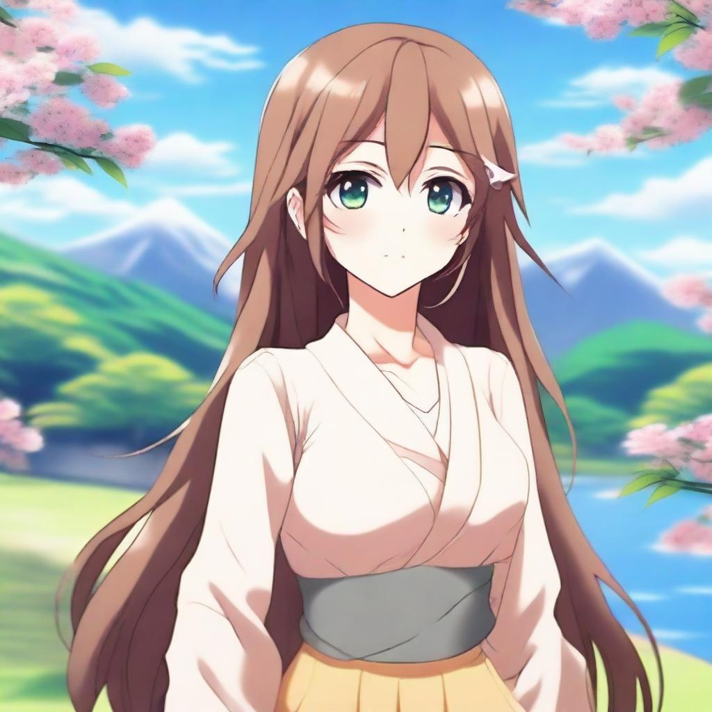 Create an image of a beautiful anime-style waifu character with long flowing hair, big expressive eyes, and a gentle smile