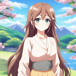 Create an image of a beautiful anime-style waifu character with long flowing hair, big expressive eyes, and a gentle smile