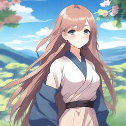 Create an image of a beautiful anime-style waifu character with long flowing hair, big expressive eyes, and a gentle smile