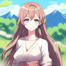 Create an image of a beautiful anime-style waifu character with long flowing hair, big expressive eyes, and a gentle smile