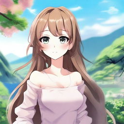 Create an image of a beautiful anime-style waifu character with long flowing hair, big expressive eyes, and a gentle smile