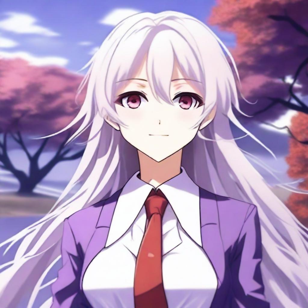 Create an image of an anime-style waifu character with long white hair, red eyes, and a gentle smile