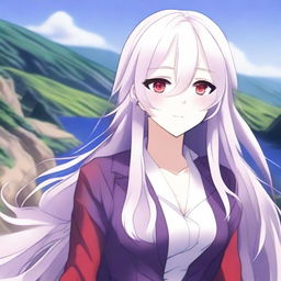 Create an image of an anime-style waifu character with long white hair, red eyes, and a gentle smile