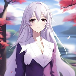 Create an image of an anime-style waifu character with long white hair, red eyes, and a gentle smile