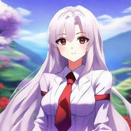 Create an image of an anime-style waifu character with long white hair, red eyes, and a gentle smile