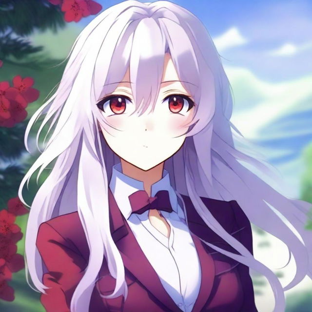 Create an image of an anime-style waifu character with long white hair, red eyes, and a stylish purple suit