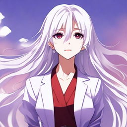 Create an image of an anime-style waifu character with long white hair, red eyes, and a stylish purple suit