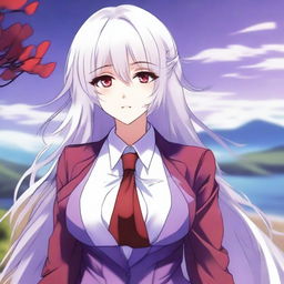 Create an image of an anime-style waifu character with long white hair, red eyes, and a stylish purple suit