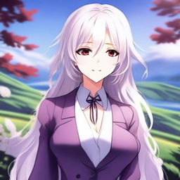 Create an image of an anime-style waifu character with long white hair, red eyes, and a stylish purple suit