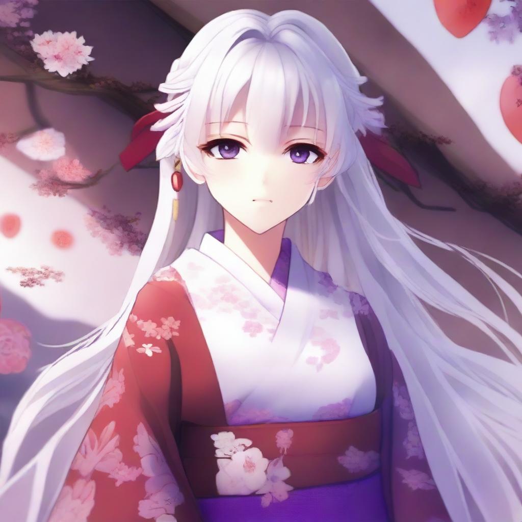 A beautiful anime-style waifu with long white hair and red eyes, wearing a purple kimono