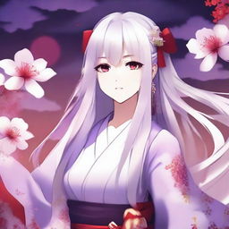 A beautiful anime-style waifu with long white hair and red eyes, wearing a purple kimono